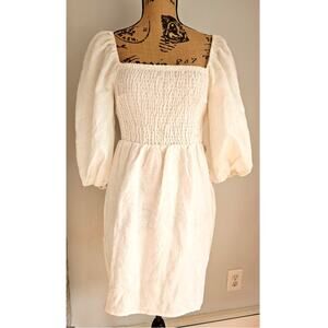 TUCKERNUCK Annie Smocked Balloon Sleeve Linen White Short Mini Dress Sz S